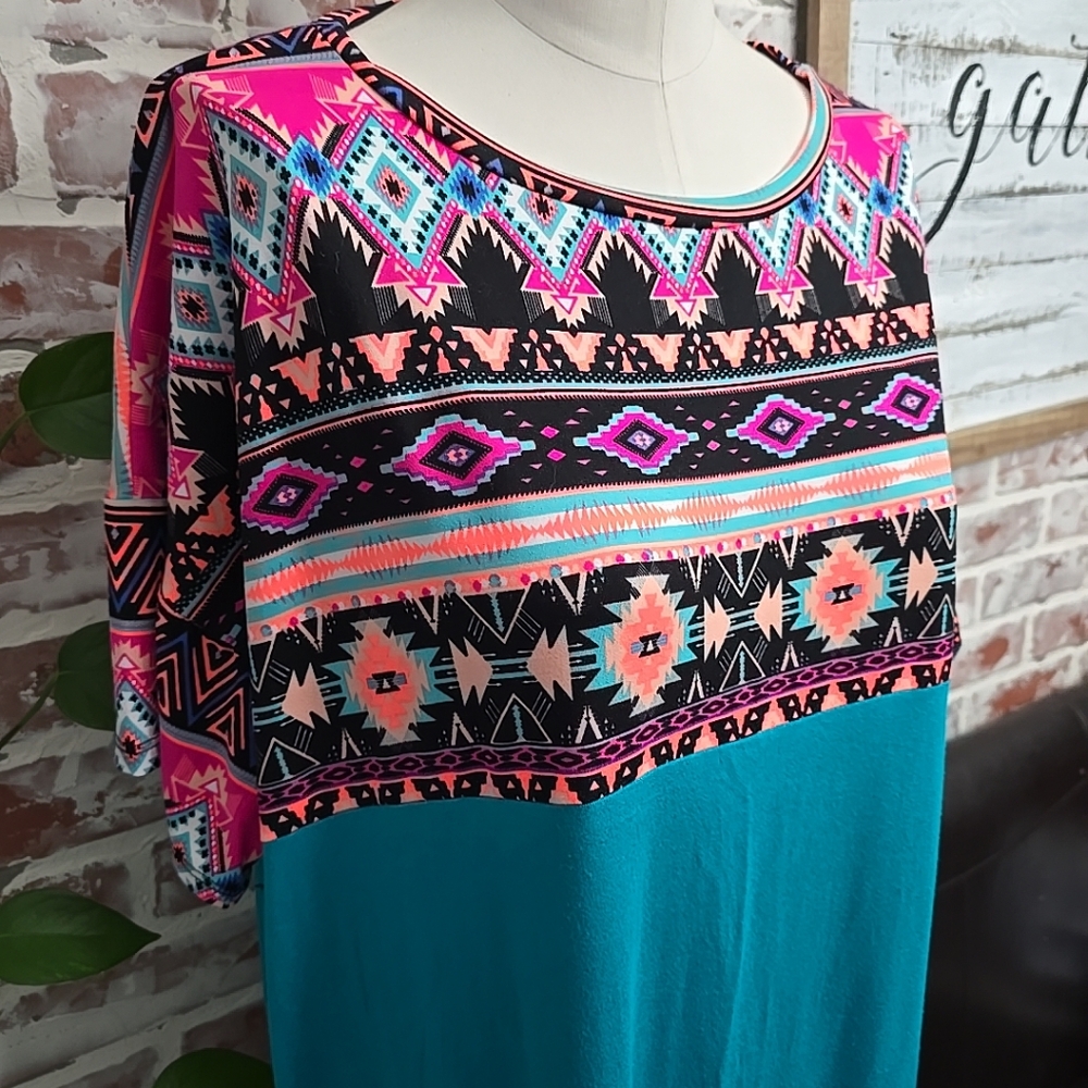 Paisley Grace womens top sz 2xl turquoise black print short sleeves